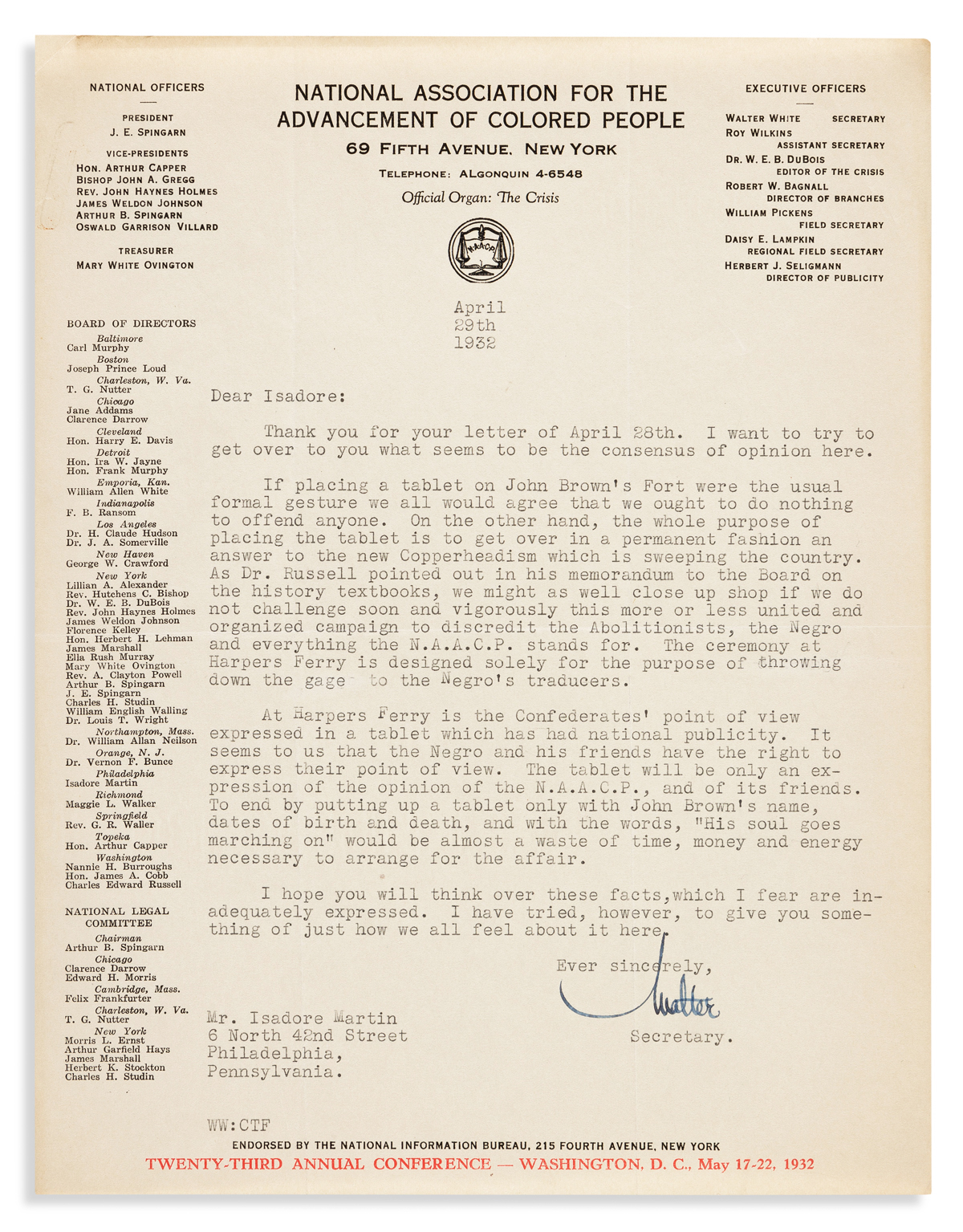 (CIVIL RIGHTS.) Archive of NAACP correspondence from James Weldon Johnson, Walter White and more.
